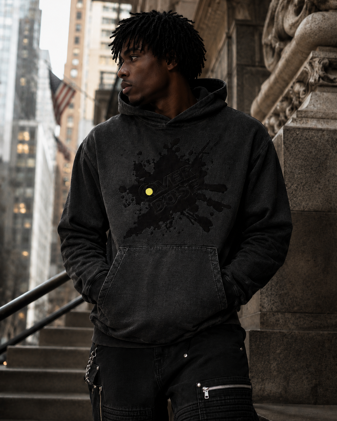 Overdose Embroidery Splatter Logo HOODIE : Black Smoke